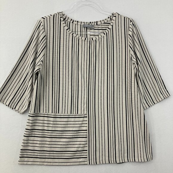 Habitat Tops - Habitat Medium Black Cream Striped Stretch Knit Comfy Soft Top Casual